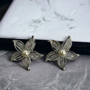 Sarah Coventry Silver Tone Pearl Moon Flower Clip-On Earrings 1960s Signed